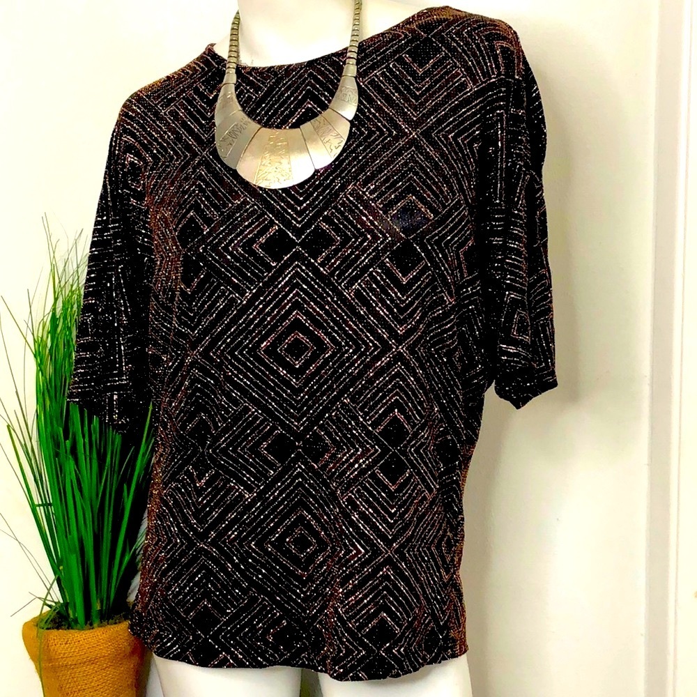 Vintage PerSeption Concept Metallic Glitter Cold Shoulder Stretch Knit Top‎ Sz M